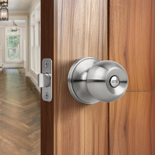 Moquin Pomo de puerta de privacidad estilo bola redonda, perilla de puerta interior sin llave, perilla de puerta de bloqueo de pulgar giratorio para dormitorio y baño, acabado de níquel satinado