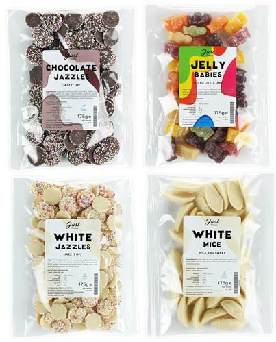 Just Treats Sweet Quartet - White Mice, Jelly Babies, Choc Jazzles, White Choc Snowies (4 x 175g Bags) - 5,16,30,31