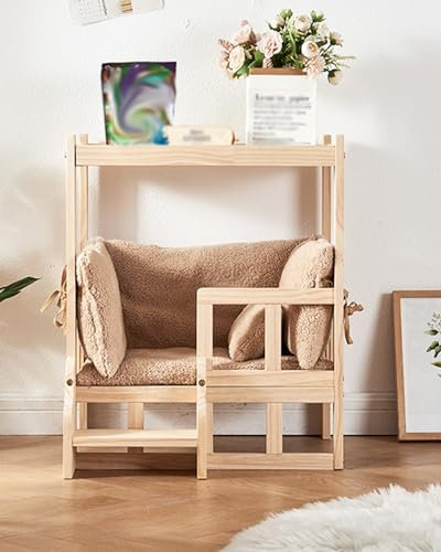 TUJOBA Hundebett Schlafzimmer 2 Schicht Tierheim mit Treppen & Schienen & Matratze, Fester Holzrahmen Hundehaus mit Innenbezügen, Anti-Rutsch Zwingersofa für Bett (Color : Style 1, Size : M)