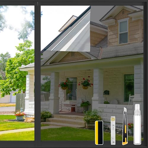 ConCus-T One Way Window Film UV Sun Blocking Heat Control Reflective Window Tint Static Cling Mirror Film Privacy Solar Film With Kits, Black Silver, 30x200cm