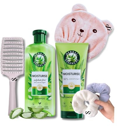 Sulphate Free Vegan Shampoo and Conditioner Set Bundle with Herbal Essences 350ml Shampoo,250ml Conditioner & Infinite Emblems Hair Care Drying Cap, Brush, Scrunchies.