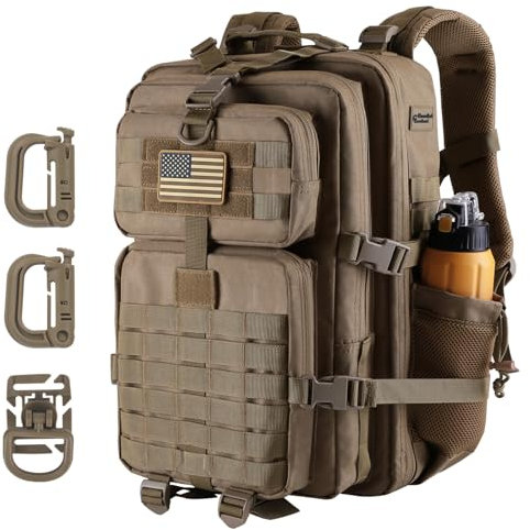 Hannibal Tactical 45L MOLLE-Sturmrucksack, taktischer Militär-Rucksack, für Armee, Camping, mit Flaschenhalter, Khaki, 40L