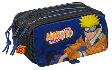 Safta Naruto Ninja Federmäppchen mit DREI Fächern, für Kinder, ideal für Kinder im Schulalter, bequem und vielseitig, Qualität und Widerstandsfähigkeit, 21,5 x 8 x 10 cm, Schwarz/Blau, schwarz/blau,