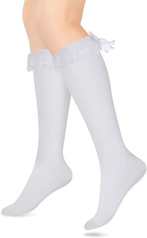 Lusofie Lolita Socken Weiß Mädchen Süße Spitze Socken mit Rüschen Damen Gekräuselte Schleife Kniehohe Socken mit Schleife Mädchen Prinzessin Loli Rüschensocken Weiße Schleife Kniestrümpfe Kinder