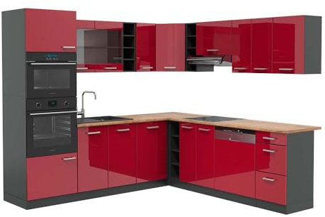 Vicco Eckküche R-Line, Rot Hochglanz/Anthrazit, 247 x 60 cm, AP Eiche