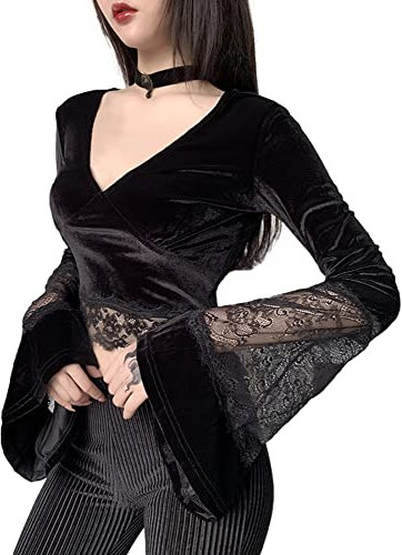 XKBHYD Women Gothic Velvet Crop Tops V Neck Grunge Punk Shirts Harajuku Lace Long Sleeve T Shirts Y2K Emo Alt Clothes Black