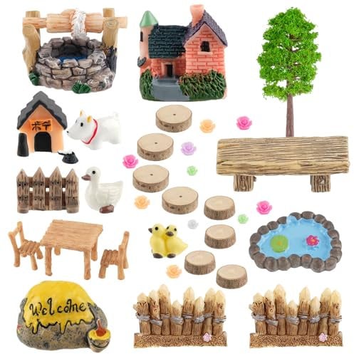 Tikplus 32Pcs Fairy Garden Accessories, Miniature Garden Ornaments, Micro Landscape Decorations, Plant, Table Chair Set, DIY Supplies for Christmas Decoration, Dollhouse, Desk Decor