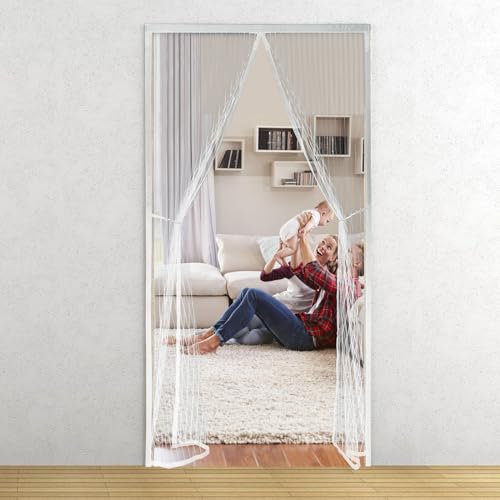White Magnetic Screen Door 105x210cm, with Full Frame Hook&Loop Strip - Lace Decoration, Retractable Screen Door Full Frame Magic Tape, No GapPatio Door Fly Screen for Garage Patio Balcony