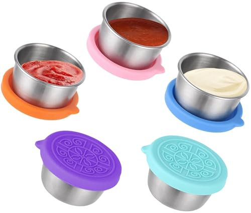 OWLMATE 5 Pièces Recipient Sauce, Récipient Vinaigrette avec Couvercle en Silicone Petit Récipient à Sauce en Acier Inoxydable Réutilisable, pour Salades, Condiments