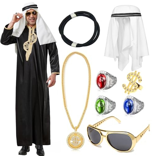Joellfuner Scheich Kostüm Herren, Araber Kostüm, Aarabische Kleidung Herren, Kostüm Sultan mit Kopftuch, Gewand, Finger Ring, Halsketten, Sonnenbrillen für Karneval (Lokaler Tycoon, S)