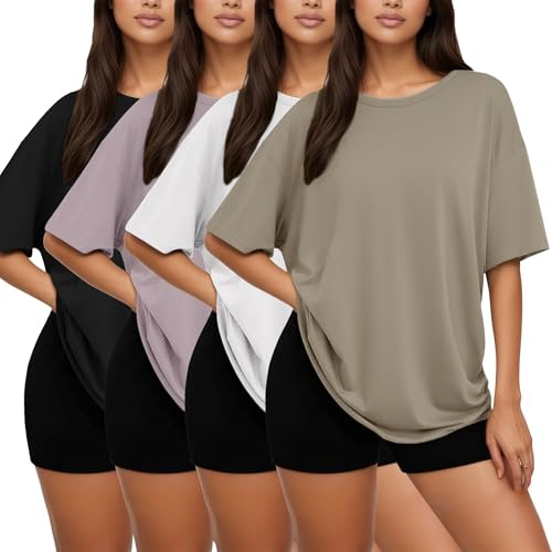 Siimcuzy 4 Pack Oversized Tshirts for Women, Loose Fit Crew Neck Summer Baggy Tops Workout Tees Plus Size T Shirts 1 Black 1 White 1 Dark Pink 1 Khaki Medium