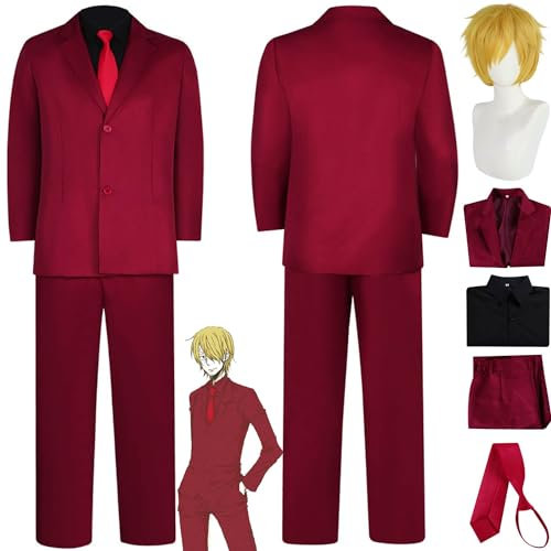 bbganlian Anime One Piece Wano Land Sanji Cosplay Kostüm Outfit Monkey D Luffy Rollenspiel Uniform Komplettes Set Halloween Karneval Party Dress Up Anzug mit Perücke für Männer (M)