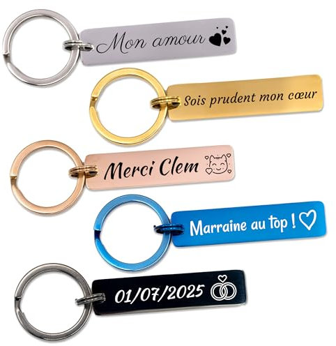 Porte-clé personnalisé inox avec texte et icônes - Porte clé voiture chic en acier inoxydable poli, gravure personnalisable, cadeau anniversaire bagages vacances, numéro de téléphone