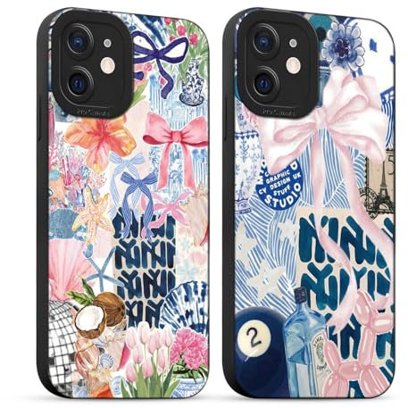 Yirlbey 2 Stück für iPhone 12 Hülle 6,1 Zoll Collage Handyhülle Aesthetic Motiv Schleifen Muster Design, Weiche Bunt Silikon TPU Bumper Ultra Dünn Kameraschutz Schutzhülle Mädchen Case