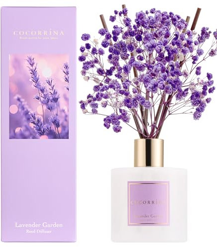 COCORRÍNA Raumduft Reed Diffuser mit 8 Duftstäbchen 200ml, Lavender Garden, Natürlich, Langanhaltend, Home Duft ätherisches Öl Reed Diffusor für Badezimmer Regal Dekoration