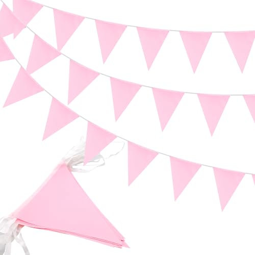 Guirlande de fanions en tissu imperméable et réutilisable pour décoration de fête intérieure et extérieure - 20 m - Rose
