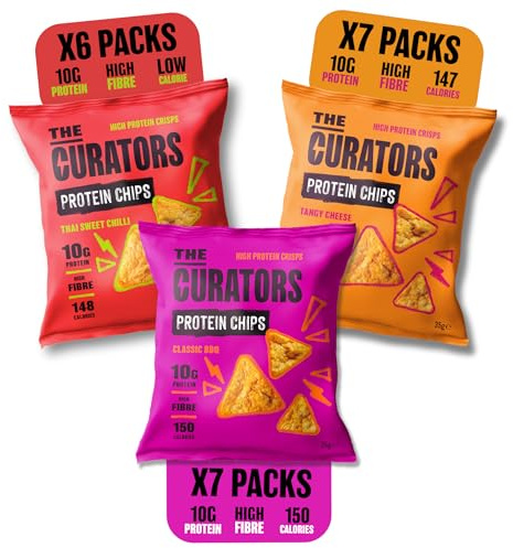 THE CURATORS Protein Chips Mixed Pack, Lentil Crisps, 7x Tangy Cheese, 7x Classic BBQ & 6x Thai Sweet Chilli, 35g (20 Packs), 10g Protein, High Fibre, 147 Calories, Gluten Free, Veggie.