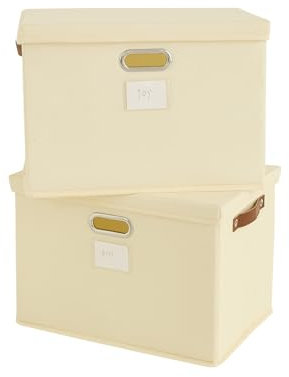 Bagnizer Storage Boxes with Lids Foldable 2PCS Fabric Large Storage Baskets Stackable Storage Bins for Shelves Organizer Bins for Clothes Wardrobe Beige Collapsible Decorative Storage 43x30x30cm