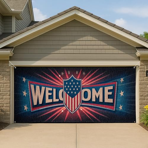Patriotische Willkommens-Garagentorabdeckung, rotes und blaues amerikanisches Schild, stilvolle Banner-Dekorationen, Party-Hintergrunddekoration, Sommer-Unabhängigkeitstag, Feier, 390 x 180 cm