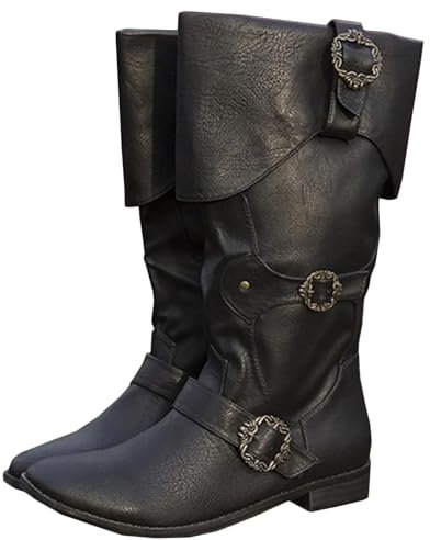 Stivali da cavaliere medievale for adulti Cosplay - Scarpe vichinghe retrò con gambale lungo e polsini in pelle - Stivali in pelle PU rinascimentali, stivali taglie forti con fibbia for cintura(35 EU)