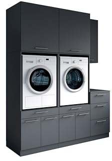 Laundreezy Waschraum Komplett-Set Modulares Schranksystem Anthrazit | 186 x 238 x 68 cm (B/H/T), Softclose, mit viel Stauraum, für Hauswirtschaftsraum, Waschküche, Keller, Bad