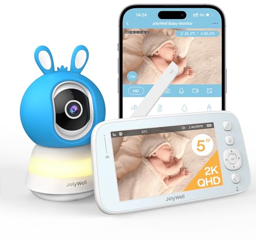 JolyWell Babyphone mit Kamera und App, 5 Zoll Baby Monitor IPS Display, Ultra-HD-Nachtsicht, Bewegungs/Weinen Alarm, Temperatur und Feuchtigkeitsmessung, Nachtlichter und Schlaflieder