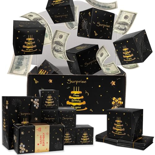 Happy Birthday Surprise Explosion für Geld – Pop-Up-Explosionsbox – Hüpfende Geschenktüte für Kinder, Jungen, Männer, Vater, Ehemann (Schwarzgold, 12 Hüpfboxen)