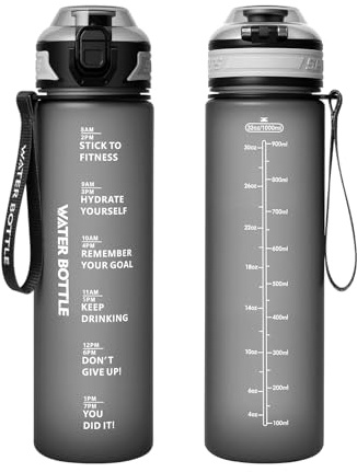 Binudum Trinkflasche 1l, Auslaufsichere Sport Trinkflasche mit Zeitmarkierung, BPA-frei, Tritan Wasserflasche-Leicht, Wiederverwendbar, Robuste, Sportflasche für Fitness, Fahrrad, Outdoor, Schule