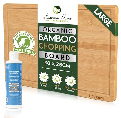 Lazzaro Large Wooden Chopping Board (38 x 25 x 2cm) with 250ml Food-Grade Mineral Oil - Double Sided Chopping Board - Pre-Oiled Kitchen Board for Meat, Vegetables & Bread