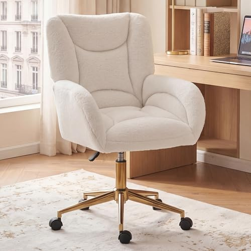 DEKKETO Chaise de Bureau Tissu Bouclette - Fauteuil Pivotant 360° Confortable avec roulettes Silencieuses, Hauteur Réglable, Chaise de Coiffeuse Moderne, pour Bureau/Chambre/Télétravail, Blanc