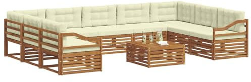 vidaXL Sofagarnituren 10 pcs Natur und Creme Massivholz Akazie, Moderner Garten-Sofa, Outdoor-Sitzgruppe, Lounge-Set für die Terrasse, bequem und robust