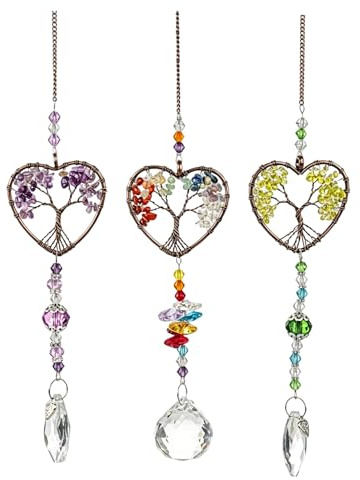 3 Stück Sonnenfänger Kristall Set, Baum des Lebens Fensterdeko hängend für Wohnzimmer & Garten, Sun Catcher aus hochwertigem Kristall und Metall – Windspiel für Fenster, Länge ca. 43-45 cm