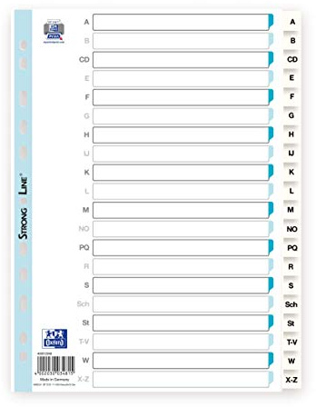 Oxford 400012049 Kunststoff-Register Strong-Line A-Z 20-teilig für DIN A4 Plastikregister mit beschriftbarem Deckblatt weiß Ringbuch Ordner Ring-Mappe