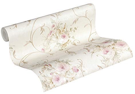 A.S. Création Vliestapete Romantico Tapete mit romantischen Rosen floral 10,05 m x 0,53 m creme grün rosa Made in Germany 304202 30420-2