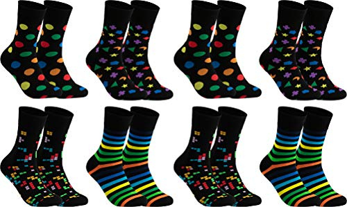 gigando Socken Pack für Damen und Herren mit Motiv, 3 bis 8 Qualitäts Baumwollsocken ohne Naht, lustige, lange Strümpfe für Anzug u. Urlaub, schwarze verstärkte Unisex Socken