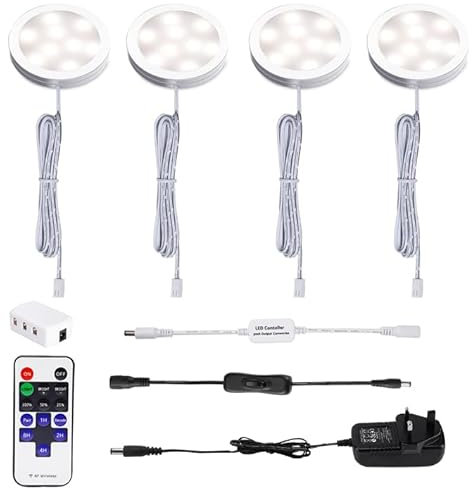 AIBOO LED Under Cabinet Kitchen Lights Plug in Wired 4 Pack with Remote,Nature White Dimmable Under Cupboard Kitchen Lights Mains Powered,Under Counter Light Display for Closet Showcase Wardrobe