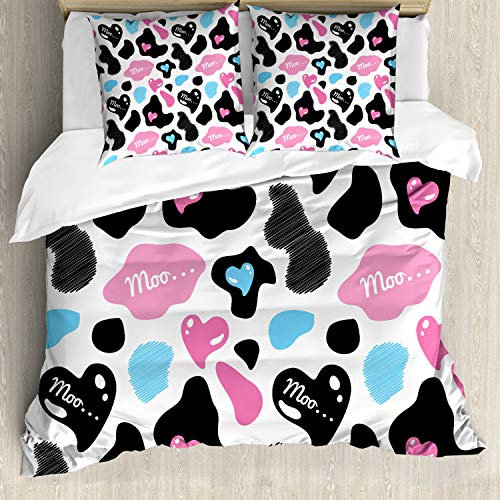 ABAKUHAUS Kuh-Druck Bettbezug Set, Kuhfell Herz, Milbensicher Allergiker geeignet mit Kissenbezügen, 200 cm x 200 cm - 80 x 80 cm, Pale Pink Schwarz Weiß
