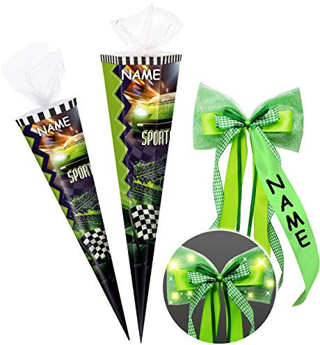 alles-meine.de GmbH Schultüte - Sportwagen/Rennwagen - grünes Auto - Sportcar - 85 cm - 6 eckig - incl. Name und individueller großer LED LICHT - Schleife - Tüllabschluß - Zuck..