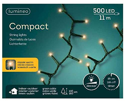 Lumineo Lichterkette Compact klassisch warm - 500 LED's - 11 Meter - grünes Kabel - Indoor& Outdoor - Timer - dimmbar - IP44