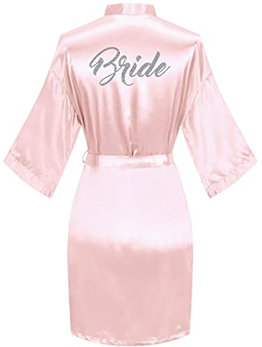 sunshinemall Women's Satin Kimono Robes with Rhinestones Bride Bridesmaid Short Sleepwear Wedding Dressing Gown - pink - S-M