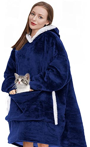 IvyH Übergroße Hoodie Decke Sweatshirt, SuperWeiche Warme Riesen Hoodie Fronttasche Giant Plüsch Pullover Decke mit Kapuze Einheitsgröße für Männer Frauen Mädchen Jungen Unisex (Marineblau/New)