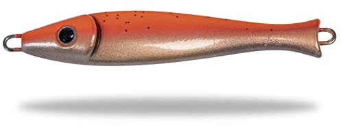 Rhino Premium Big Head Pilker Angelköder für das Meeres-Angeln Kunstköder für große Tiefen in Norwegen in klassicher Form, scharfe und stabile Drillings-Angelhaken, orange/Silber, 100 g