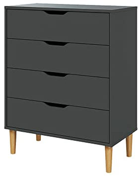 Panana Chest of Drawers, Wood 4 Drawers Cabinet Storage Organiser Unit with Wooden Legs for Living Room Bedroom Hallway (Dark Grey)