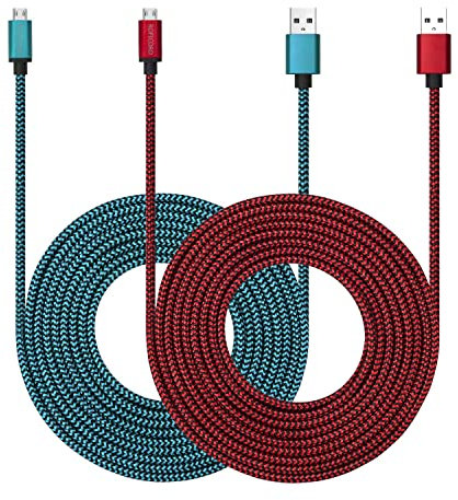 ROFICORD Lot de 2 câbles micro USB de 3 m avec charge rapide 3 A, ultra durables en nylon tressé pour Galaxy S7/S6/J8/J7 Note 5, Kindle, LG, PS4, appareil photo, Xbox One et plus (rouge + bleu)