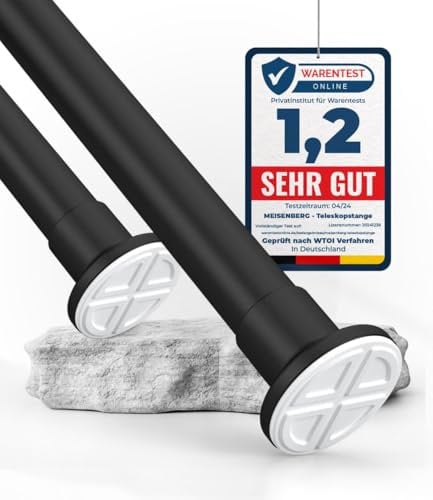 MEISENBERG Duschvorhangstange ohne Bohren 110-160cm, Ø32mm Matt Schwarz Klemmbare Vorhangstange Ausziehbar - Teleskopstange, Duschstange & Kleiderstange - für ihre Garderobe und Dusche