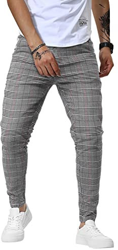 Woenzaia Pantalon chino skinny à carreaux pour homme Coupe ajustée, #1 Blanc gris, 54