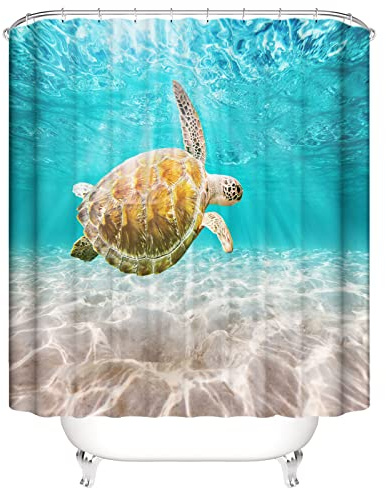 OCEUMACO 3D Unterwasserwelt Duschvorhang 200x200 Türkis Meer Schildkröte Tiere Shower Curtains Textil Antischimmel Wasserdicht Beige Sand Duschvorhänge Badewanne Stoff aus Polyester Waschbar