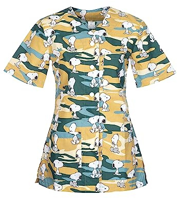 DINOZAVR Carla Blouse Medicale Femme - Tenue Infirmiere Professionnelle Imprimé Coloré, Manches Courtes, Col en V, 2 Poches Inférieures, 1 Poche Supérieure, Fermeture à Bouton Chiens M