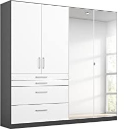 Rauch Möbel Harburg Schrank Kleiderschrank Drehtürenschrank Weiß/Graumetallic, Schwarz, 4-türig Spiegel und 4 Schubladen mit Zubehörpaket Basic 3 Einlegeböden, 1 Kleiderstange BxHxT 181x197x54 cm