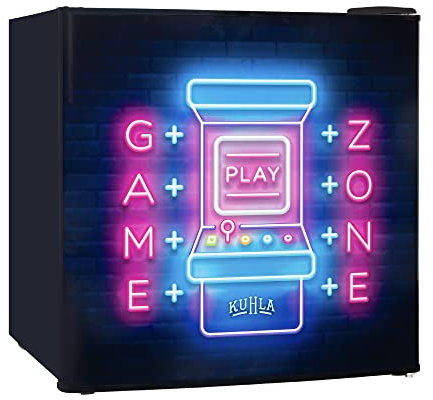 Kuhla 45L Mini Fridge with Ice Box, Novelty Design, Inc Adjustable Thermostat, Door Racks and Removable Shelf, Small Drinks Fridge Ideal for Home and Office – Game Zone, Black KTTF4BGB-1019-E